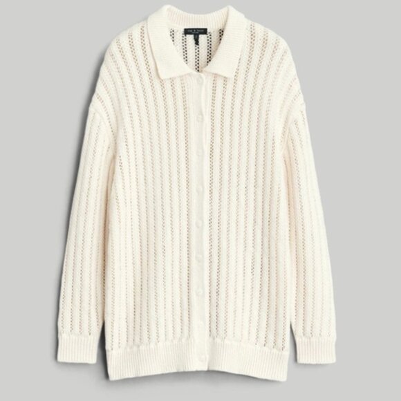 Rag & Bone Adrienne Cotton Pointelle Knit Cardigan Sweater Ivory Size Medium - Picture 6 of 11